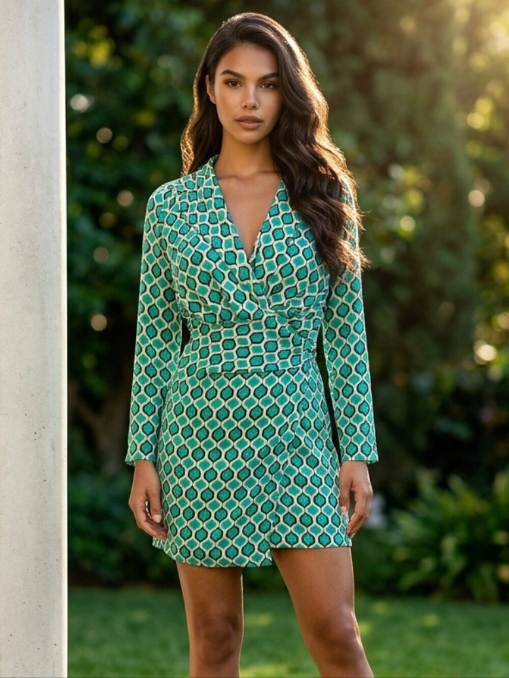 Zara Blue & Green Geometric Wrap Dress